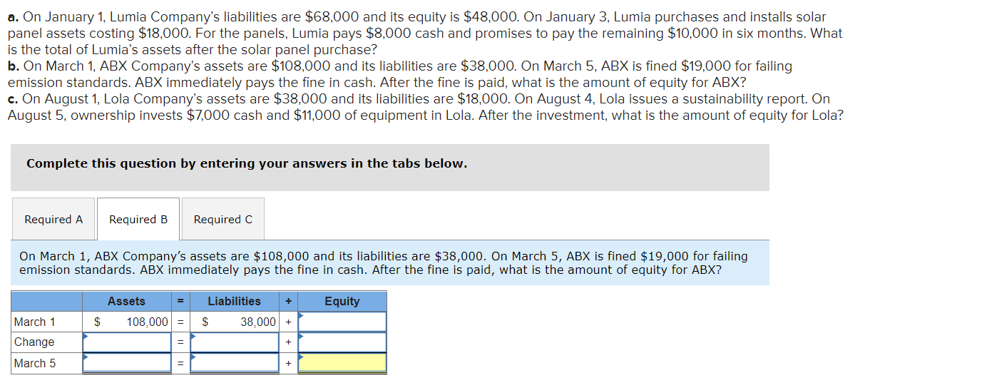 a. On January 1 , Lumia Companys liabilities are \( \$ 68,000 \) and its equity is \( \$ 48,000 \). On January 3 , Lumia pur