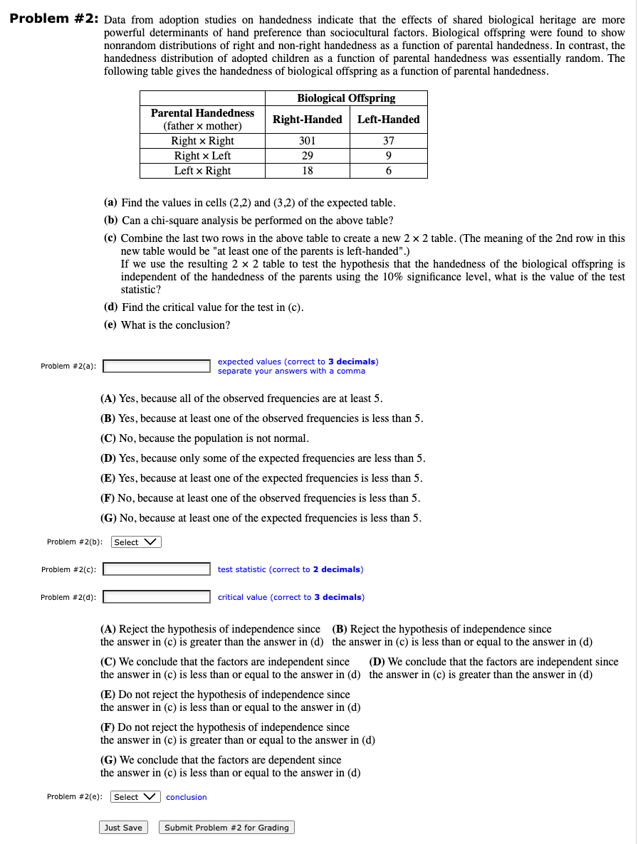 Solved lem \# 2: Data from adoption studies on handedness | Chegg.com