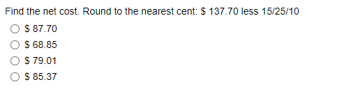 Solved Find the net cost. Round to the nearest cent: $137.70 | Chegg.com
