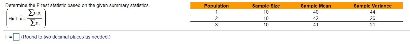 Solved Determine the F-test statistic based on the given | Chegg.com