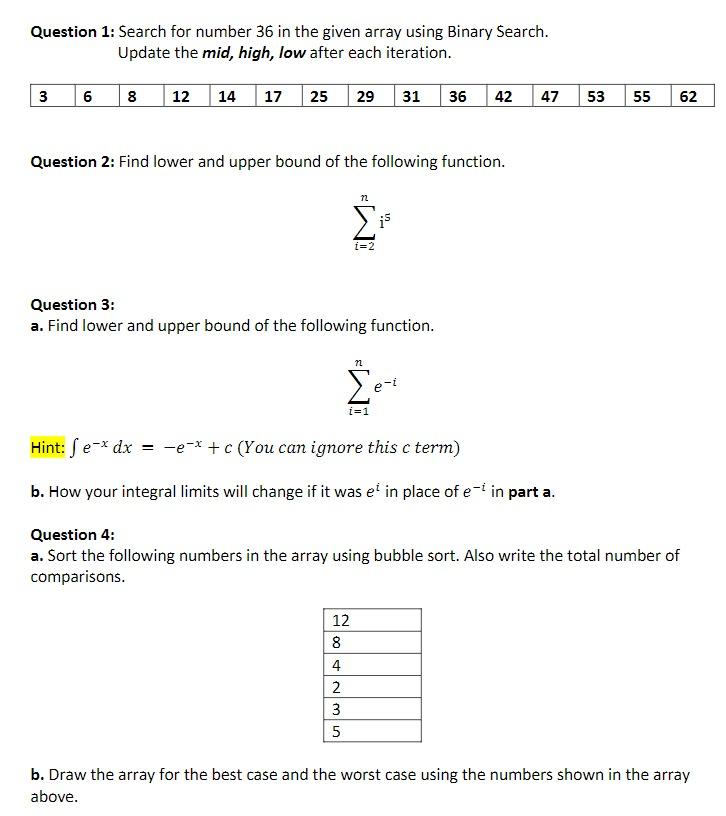 Solved Question 1: Search for number 36 in the given array | Chegg.com