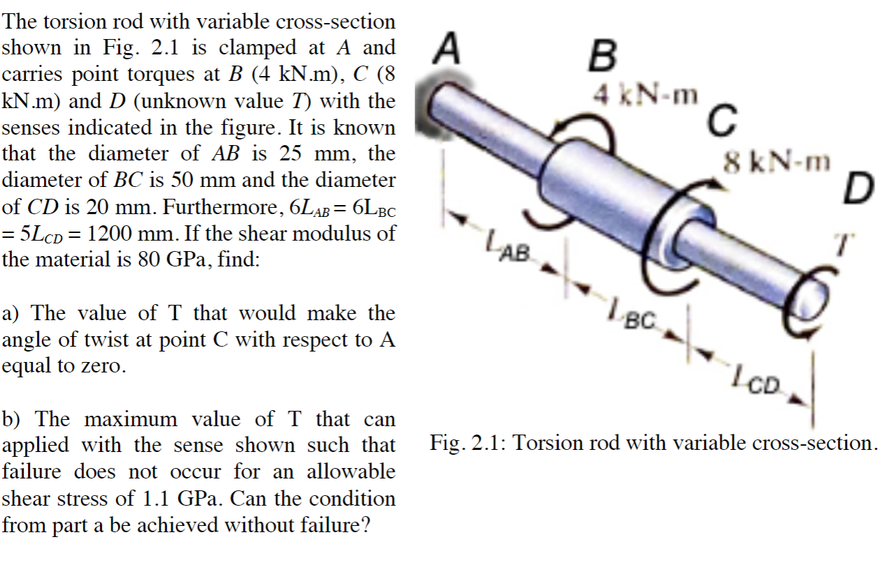 The torsion rod with variable cross-section shown in Fig. \( 2.1 \) is clamped at \( A \) and carries point torques at \( B(4