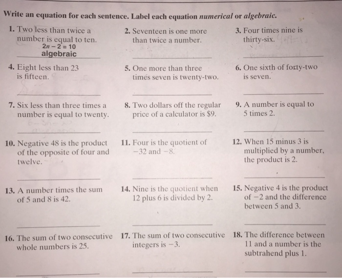 Solved Write an equation for each word sentence. Then label | Chegg.com
