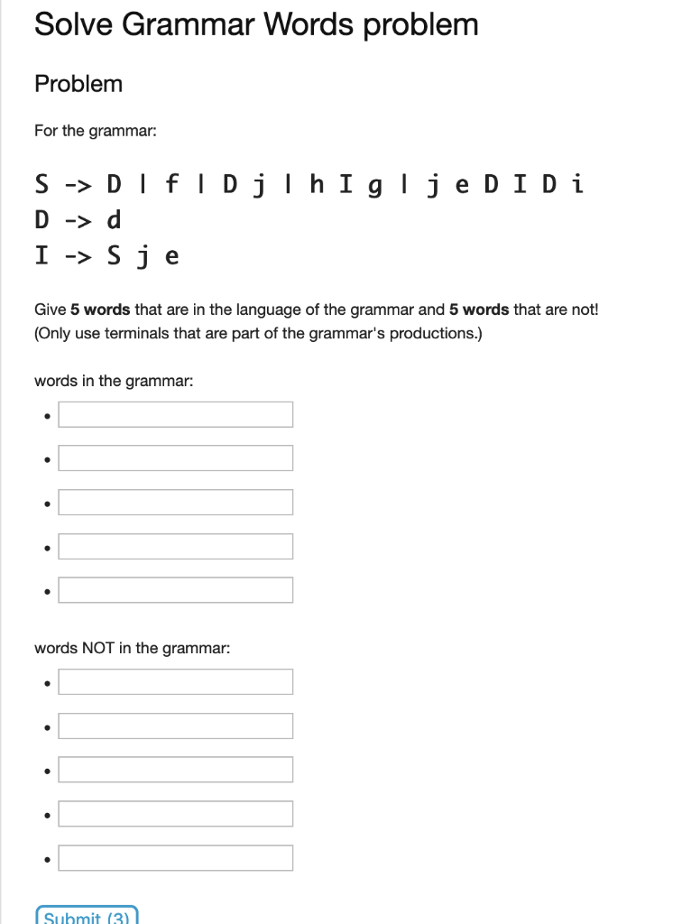 Solved Solve Grammar Words problem Problem For the grammar: | Chegg.com image.