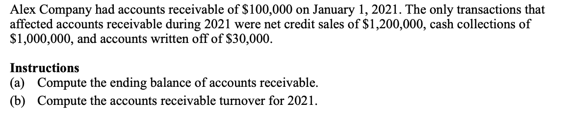 Solved Alex Company had accounts receivable of $100,000 on | Chegg.com