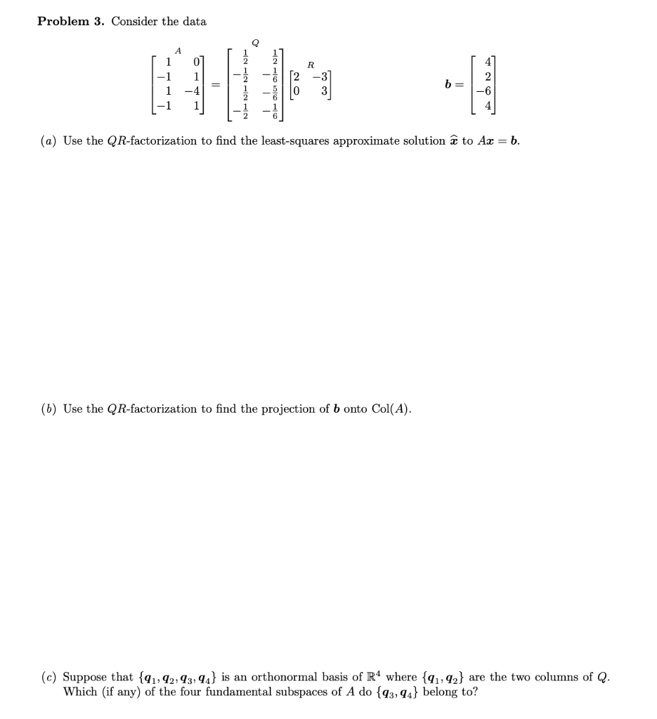 Solved Problem 3. Consider the data A 0 R 1 2 -1 1 -1 3 b= 4 | Chegg.com