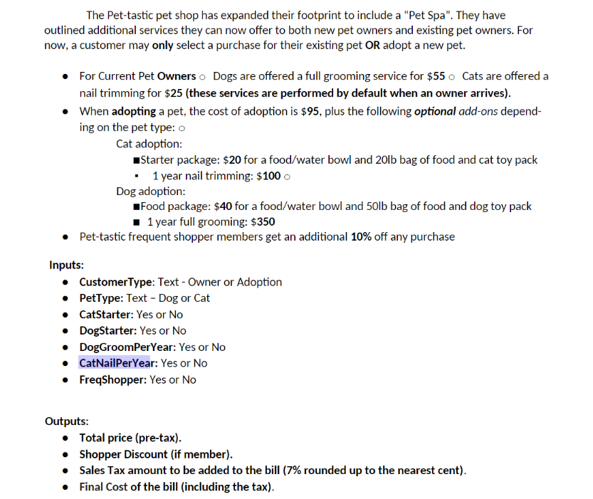 Solved Pet Spa Inputs begin tabular ll Customer Type Chegg