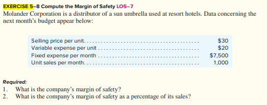 Solved EXERCISE 5-8 Compute the Margin of Safety LO5-7 | Chegg.com