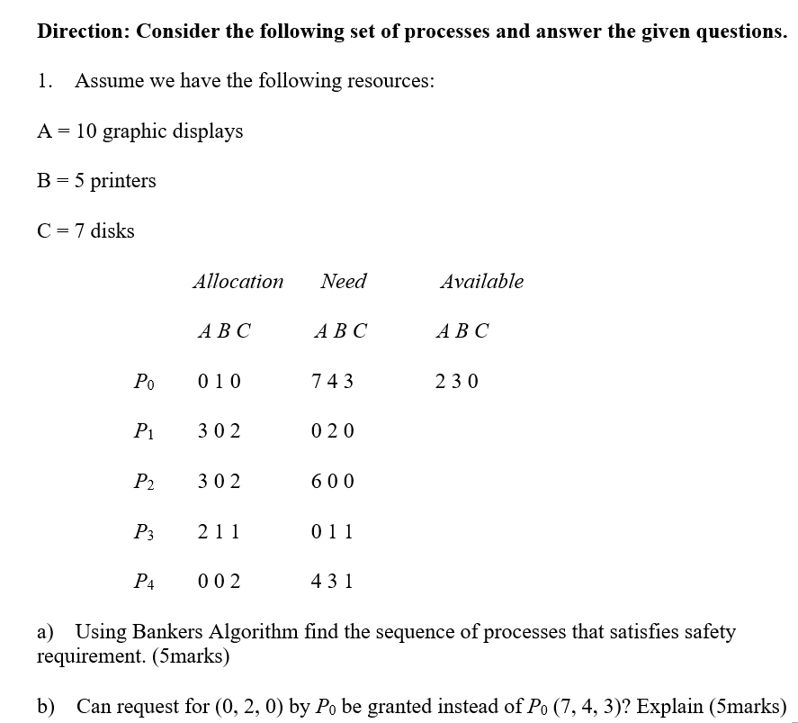 Solved Direction: Consider the following set of processes | Chegg.com