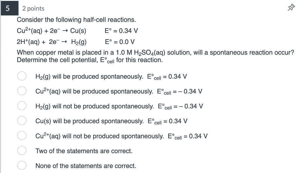 Solved 2 Points Consider The Following Half Cell Reactions 8399