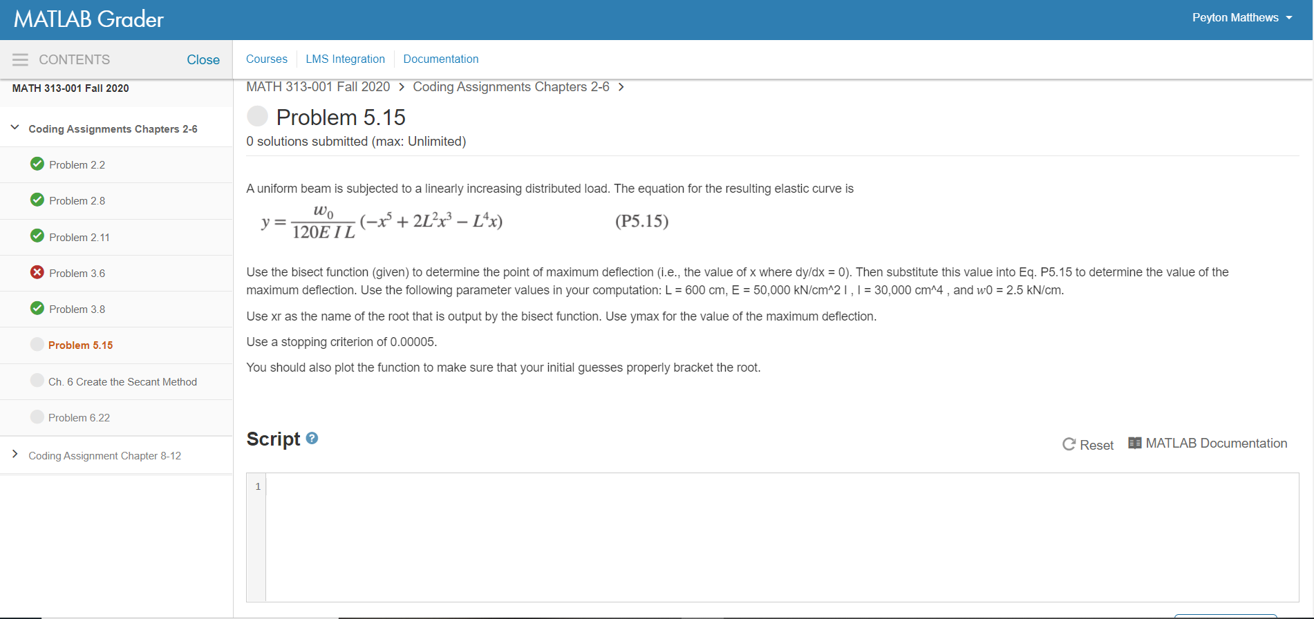 MATLAB Grader Peyton Matthews E CONTENTS Close