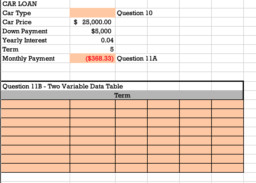 Solved 11. Loan - On the Car sheet (A) You are thinking of | Chegg.com