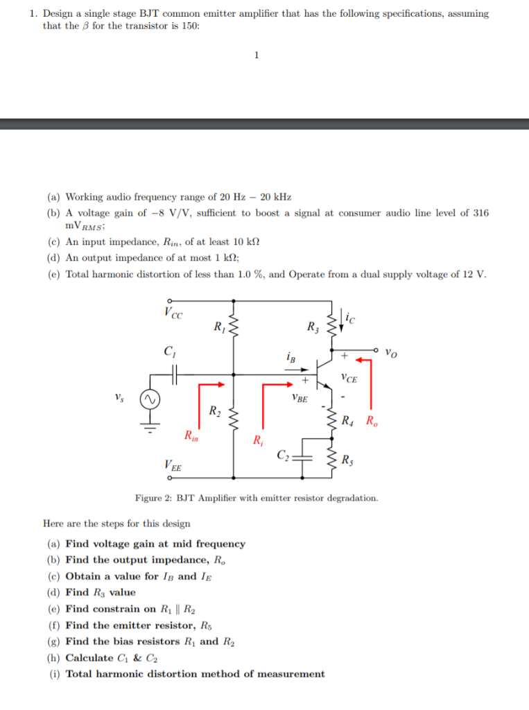 1. Design a single stage BJT common emitter amplifier | Chegg.com