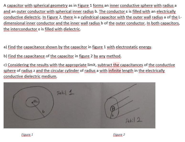 A capacitor with spherical geometry as in Figure 1 forms an inner conductive sphere with radius a and an outer conductor with