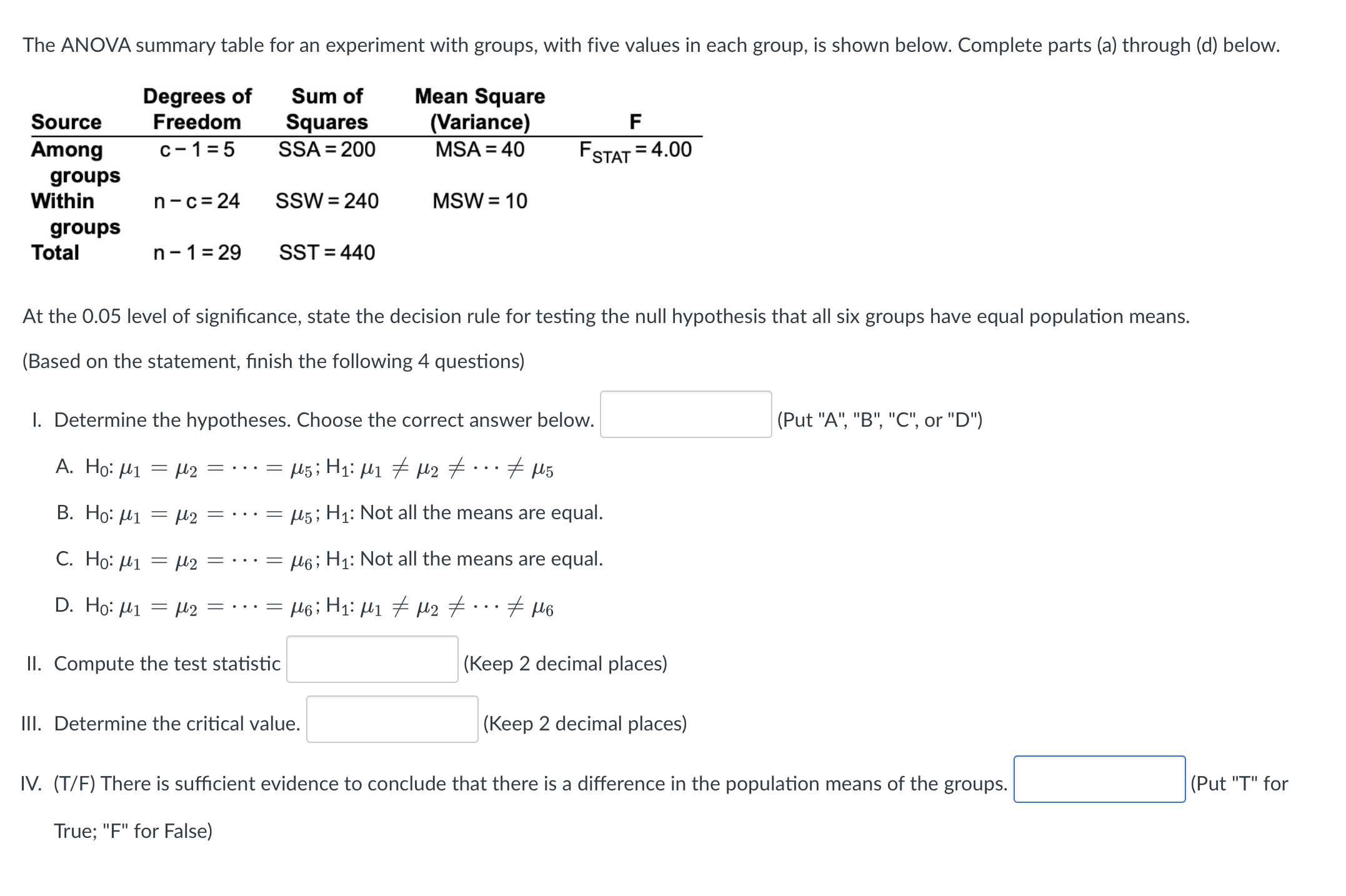 Solved The ANOVA summary table for an experiment with | Chegg.com