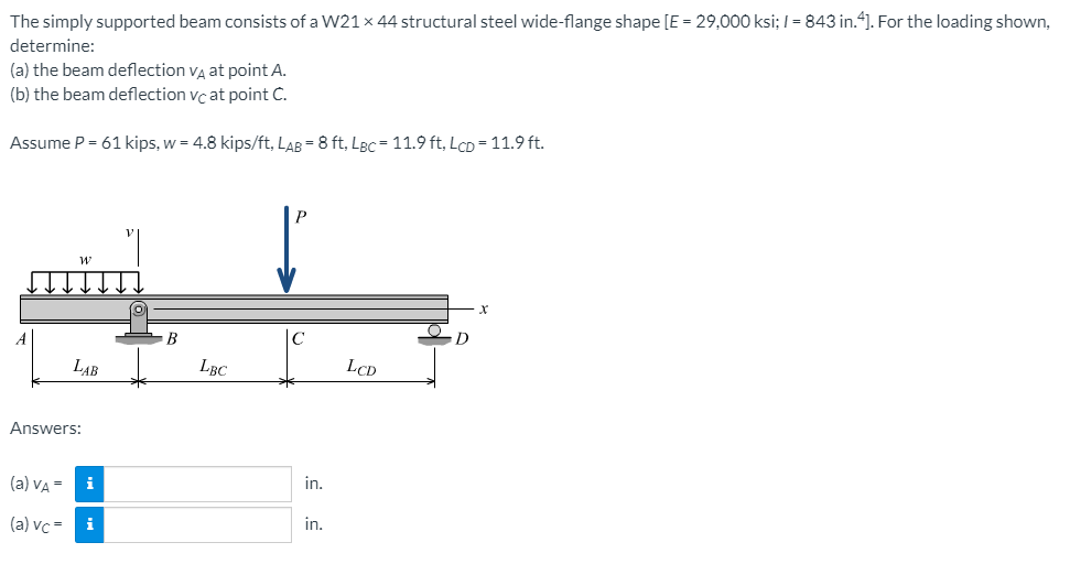Solved The simply supported beam consists of a W21 x 44 | Chegg.com