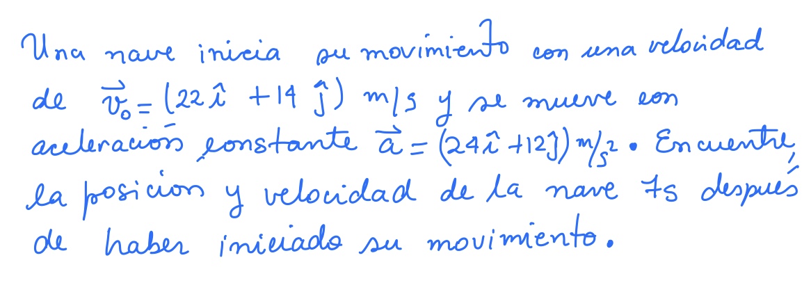 Una nave inicia su movimiento con una velocidad de \( \vec{v}_{0}=(22 \hat{\imath}+14 \hat{\jmath}) \mathrm{m} / \mathrm{s} \