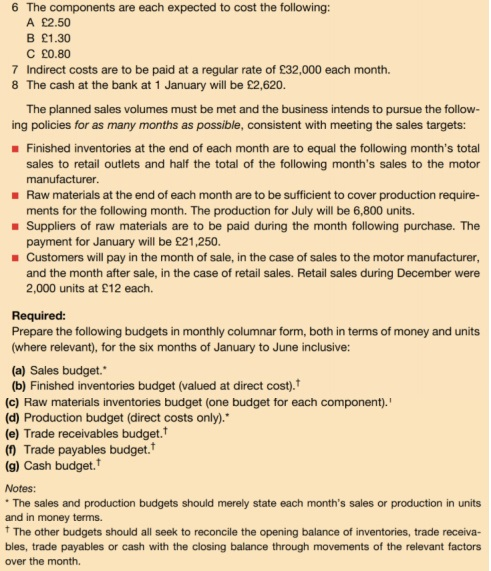 6 the components are each expected to cost the following: a £2.50 b £1.30 c £0.80 7 indirect costs are to be paid at a regula