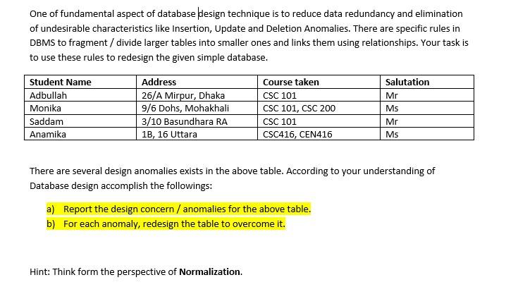 Solved One of fundamental aspect of database design | Chegg.com
