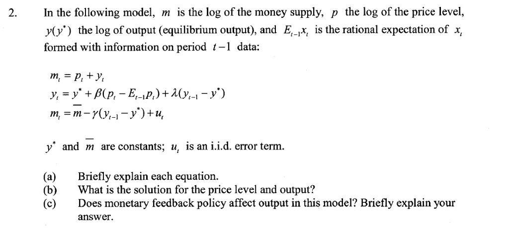 Solved 2. In the following model, m is the log of the money | Chegg.com