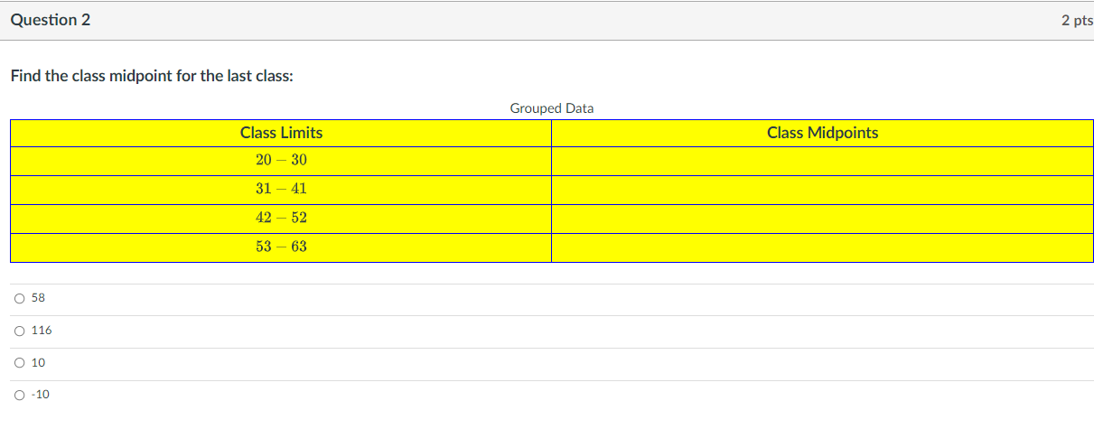 Solved Question 2 2 Pts Find The Class Midpoint For The Last 8504
