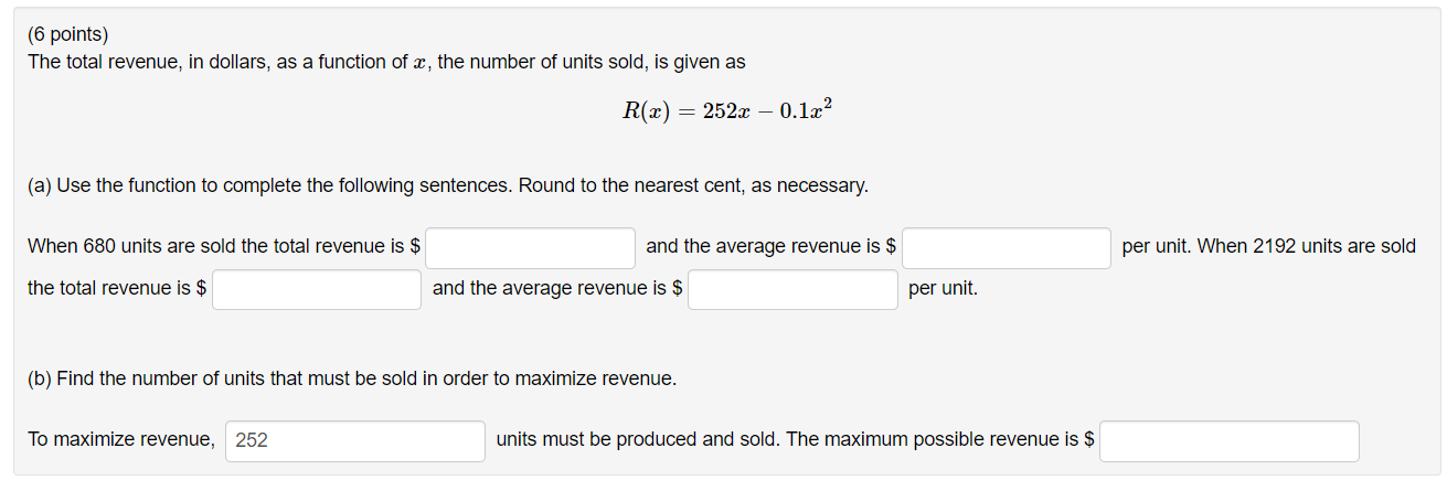 Solved (6 points) The total revenue, in dollars, as a | Chegg.com