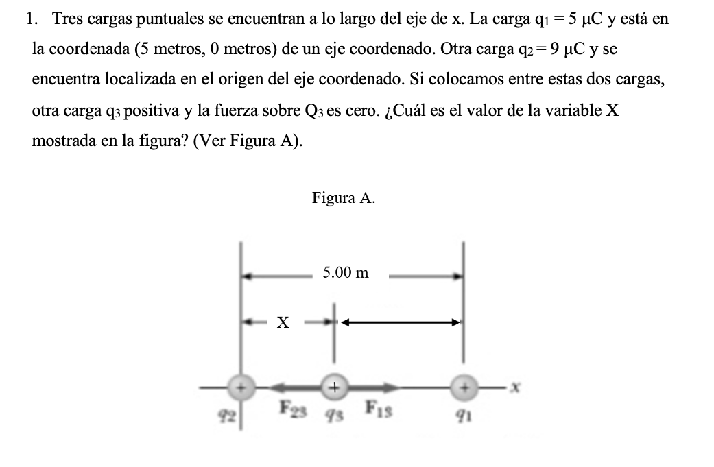 1. Tres cargas puntuales se encuentran a lo largo del eje de \( \mathrm{x} \). La carga \( \mathrm{q}_{1}=5 \mu \mathrm{C} \)