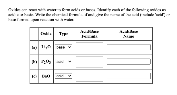 Solved Oxides can react with water to form acids or bases. | Chegg.com