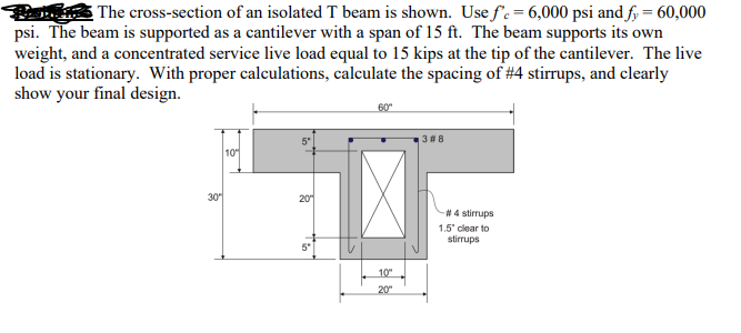 The cross-section of an isolated T beam is shown. Use \( f_{c}^{\prime}=6,000 \mathrm{psi} \) and \( f_{y}=60,000 \) psi. The