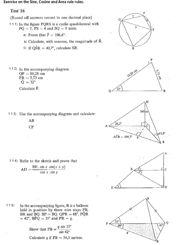 Solved Exercise on the Sine, Cosine and Area rule rules. | Chegg.com