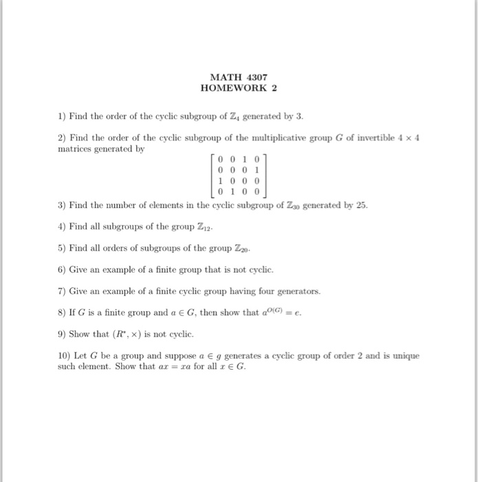 Solved MATH 4307 HOMEWORK 2 1) Find the order of the cyclic