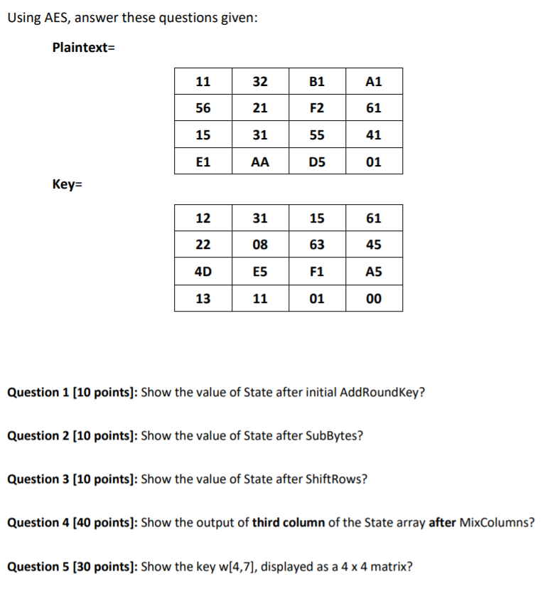 Solved Using AES, answer these questions given Plaintext=