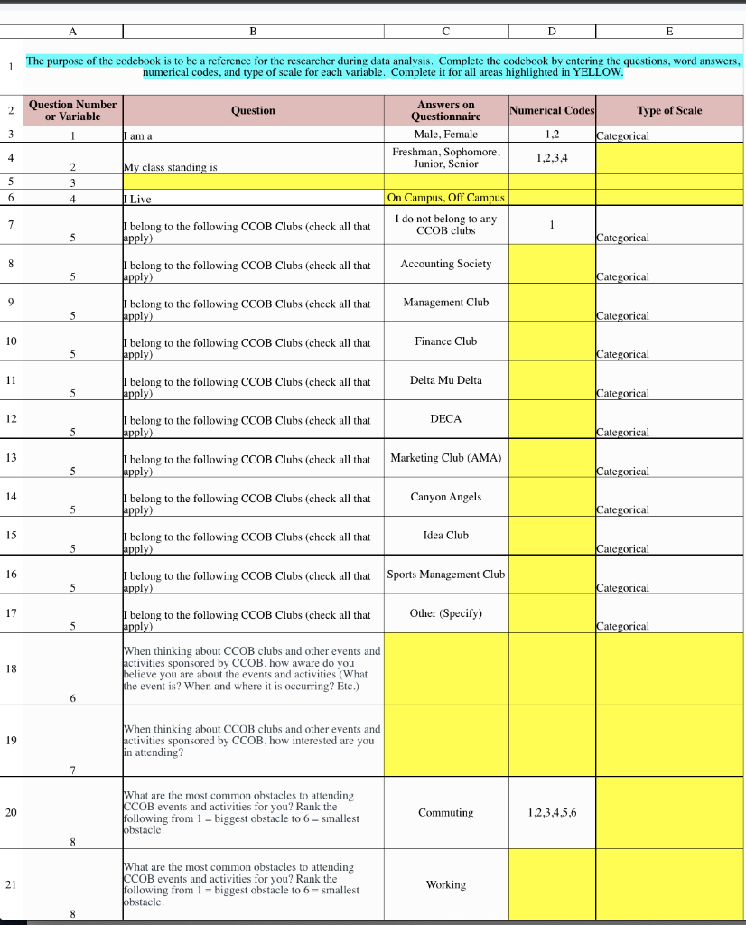 A B D E 1 The purpose of the codebook is to be a | Chegg.com