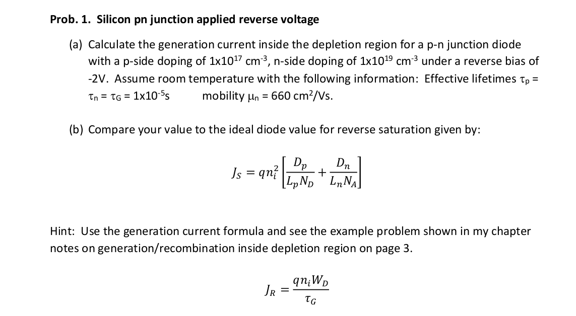 Solved Prob. 1. Silicon pn junction applied reverse voltage | Chegg.com
