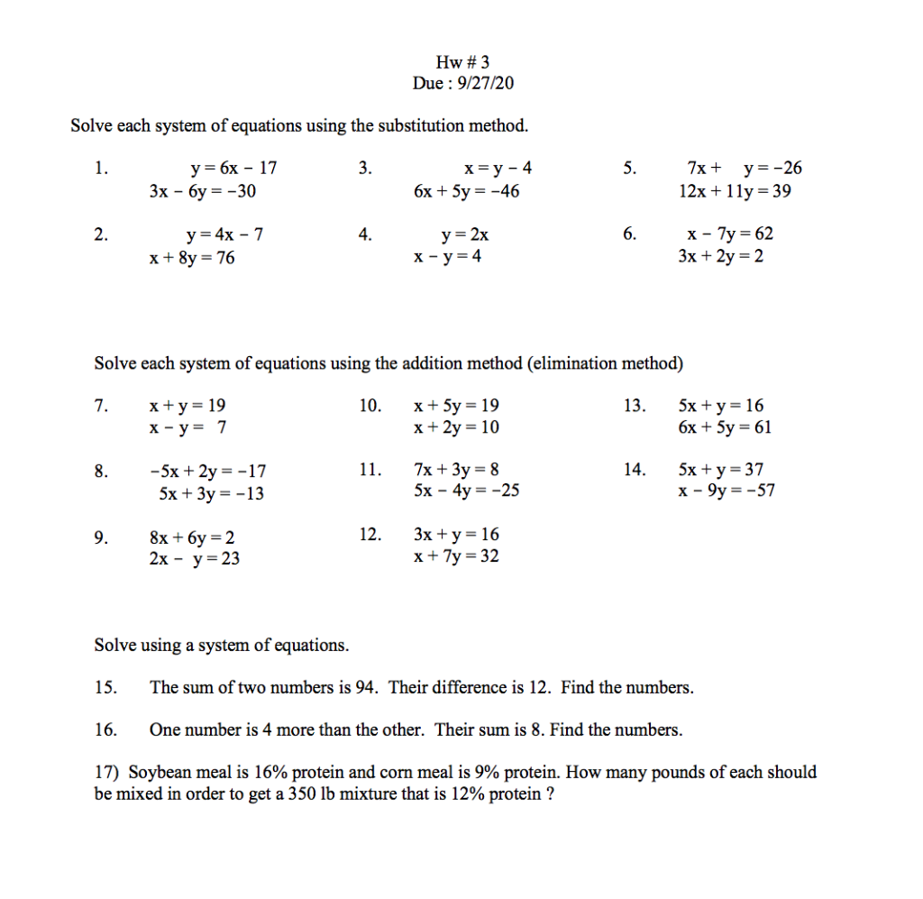 Solved Hw 3 Due 9 27 Solve Each System Of Equations Chegg Com