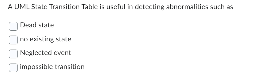 Solved A UML State Transition Table is useful in detecting | Chegg.com