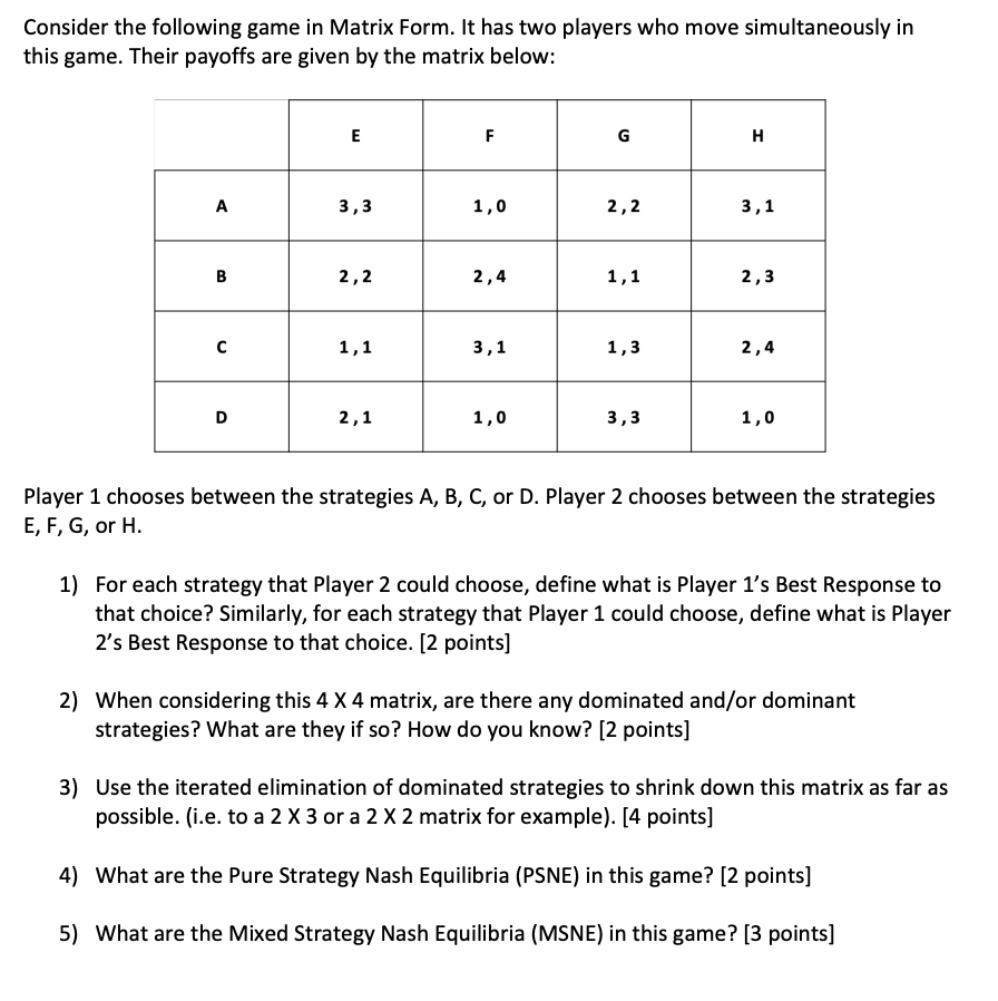 Solved Consider the following game in Matrix Form. It has | Chegg.com