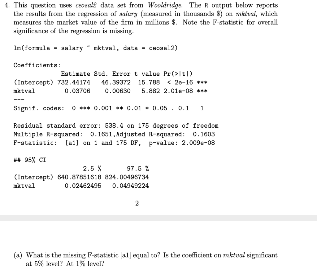 Solved 4. This question uses ceosal2 data set from | Chegg.com