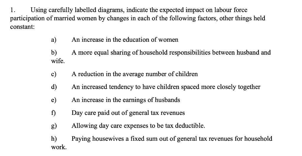 1. Using carefully labelled diagrams, indicate the expected impact on labour force
participation of married women by changes 