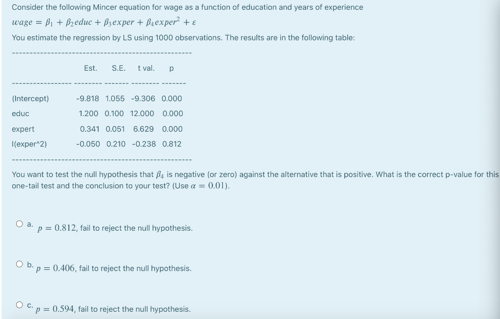 Solved Consider the following Mincer equation for wage as a