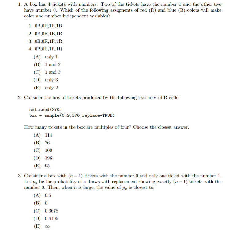 Solved 1. A box has 4 tickets with numbers. Two of the | Chegg.com