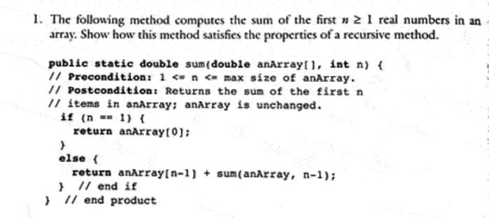 Solved 1. The following method computes the sum of the first | Chegg.com