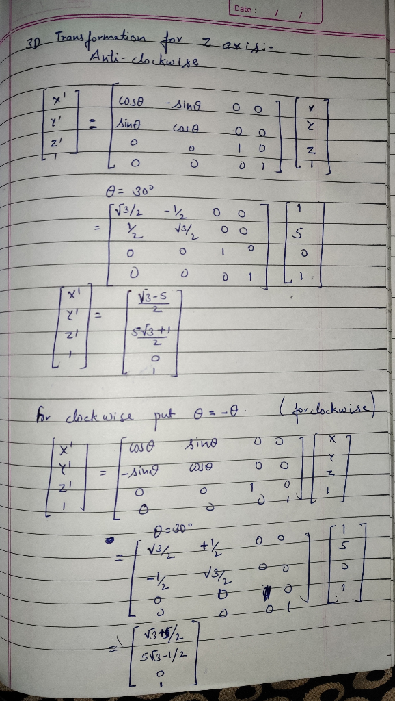 Date : 1 L 30 Transformation for axis Anti-clockwise TX1 Coso -sino oo 1 x Aing اااه م قيم to Toz Loo oo O=30° [13/2 - Ool 1