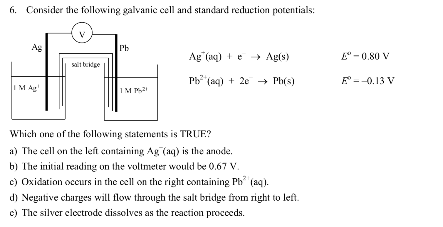 Solved 6 Consider The Following Galvanic Cell And Standa Chegg Com