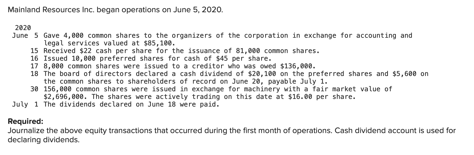 Solved Mainland Resources Inc Began Operations On June 5 Chegg