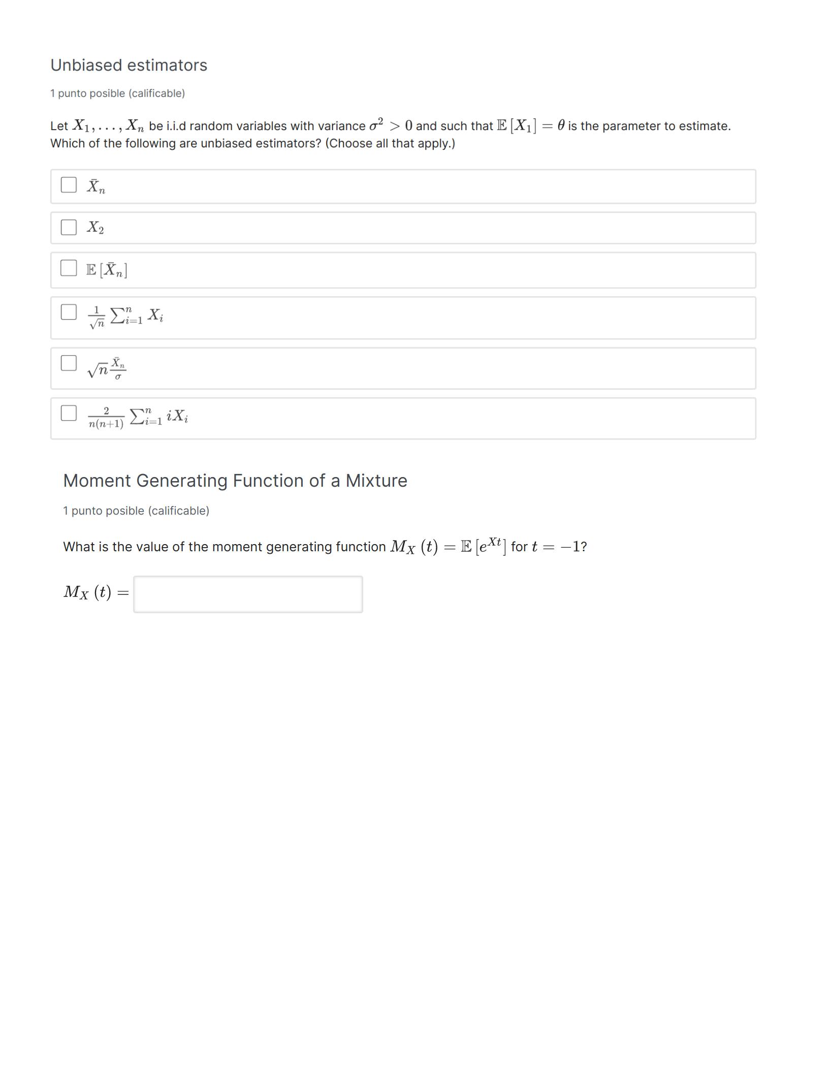 Solved Unbiased estimators 1 punto posible (calificable) =