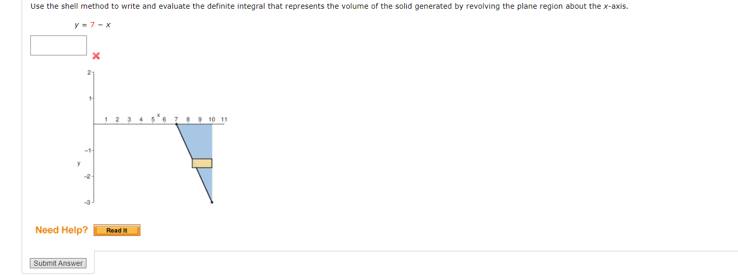 Use the shell method to write and evaluate the definite integral that represents the volume of the solid generated by revolvi