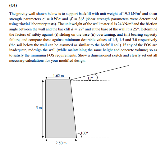 Solved (Q1) The Gravity Wall Shown Below Is To Support | Chegg.com