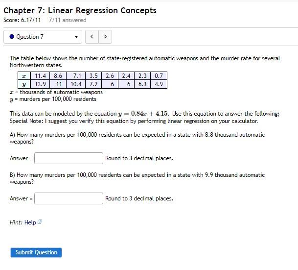 Solved Chapter 7: Linear Regression Concepts Score: 6.17/11 | Chegg.com