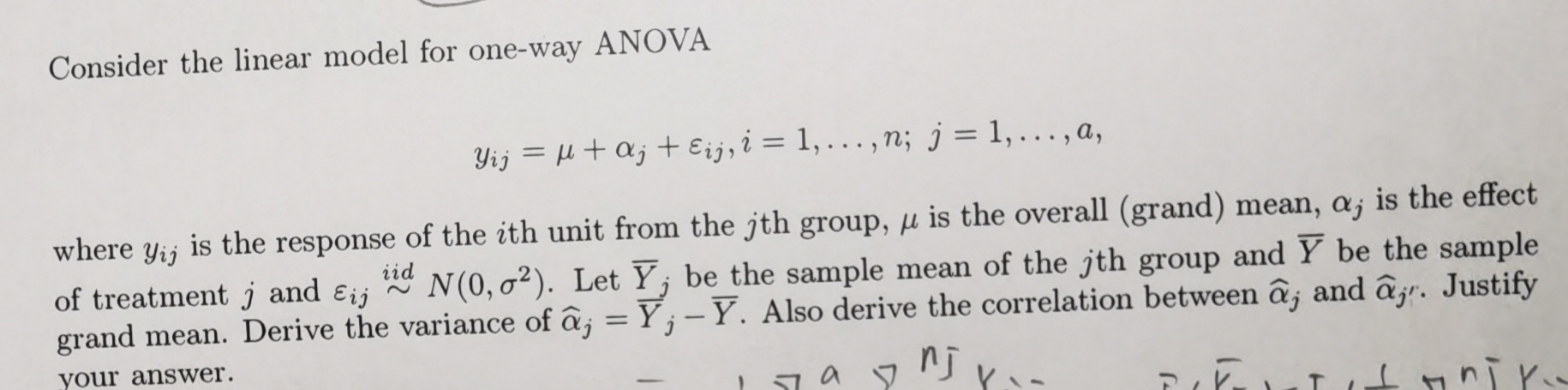 Solved Consider The Linear Model For One Way Anova Yij Chegg Com